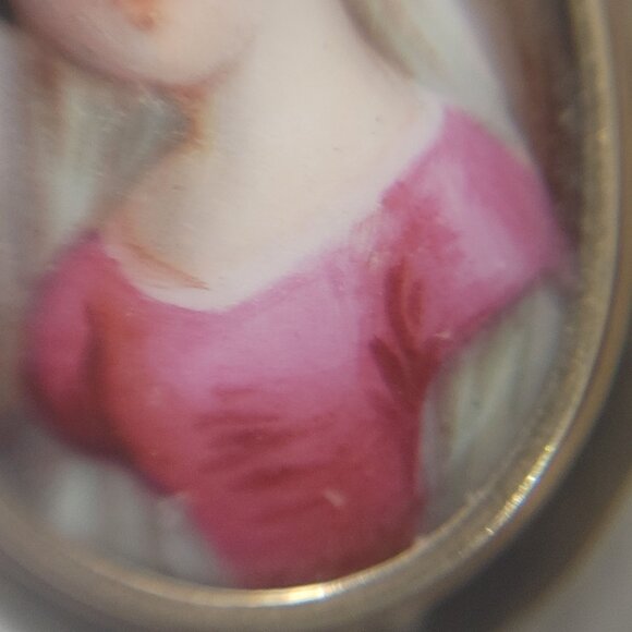 Victorian Antique Brooch Pendant Hand Painted Porcelain Portrait Gold Tone Oval - Picture 4 of 16